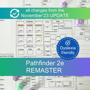 Dyslexievriendelijke Pathfinder 2e Remaster Character Sheets met duidelijk en vereenvoudigd formaat, invulbaar PDF-pakket van 14 pagina's
