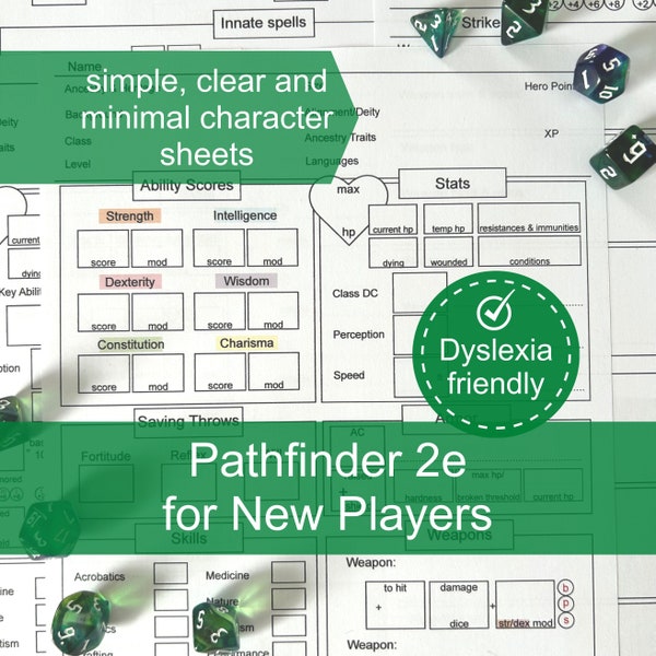 Dyslexia friendly & simplified Pathfinder 2e Character Sheets with clear minimal format, 10 page form fillable printable set for beginners