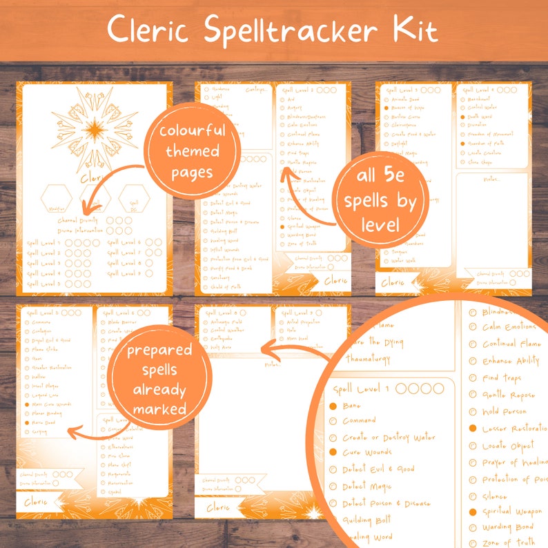 Cleric Spelltracker set, all dnd 5e Cleric spell lists and printable spell tracker, Dungeons and Dragons adventure stats set image 3