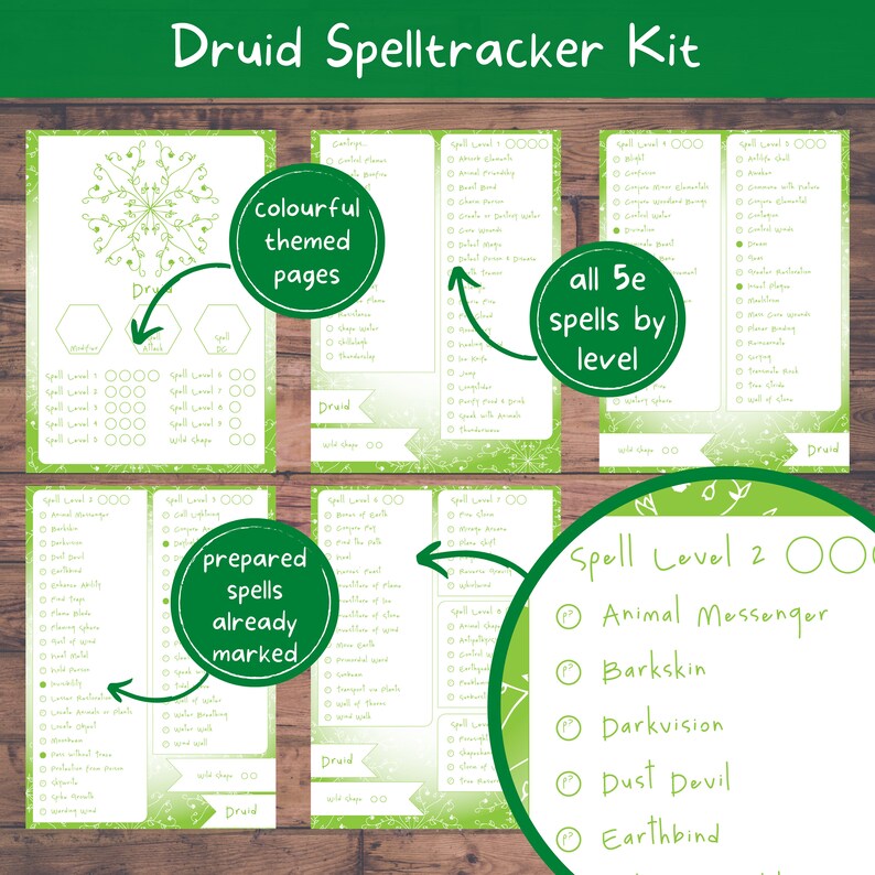 Druid Spelltracker DND Set, All D&D 5e Druid Spell Lists Printable Spell Tracker Dungeons and
