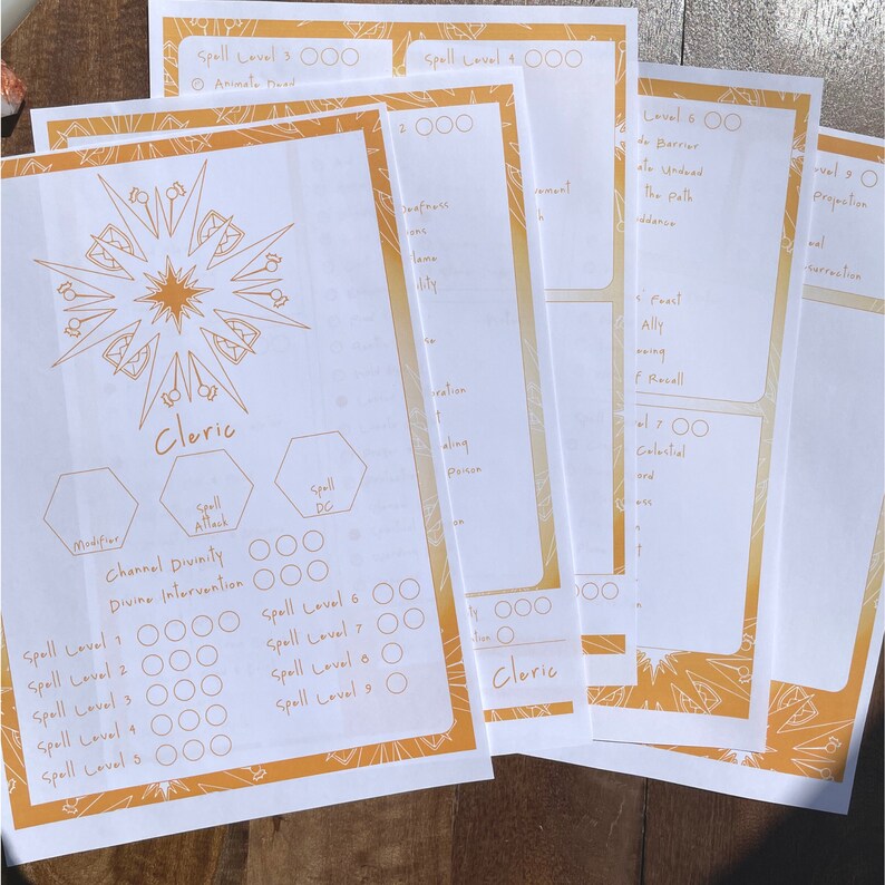 Cleric Spelltracker set, all dnd 5e Cleric spell lists and printable spell tracker, Dungeons and Dragons adventure stats set image 2