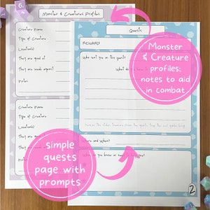 Op de afbeelding: Een printbaar vel met prompts voor het maken van monster- en creatuurprofielen voor rollenspellen. Het vel bevat secties voor de naam van de creatuur, het type, de locatie, de sterke punten, de zwakke punten, notities en questdetails. De tekst "Monster- en creatuurprofielen; notities om te helpen in de strijd" staat in een roze cirkel.