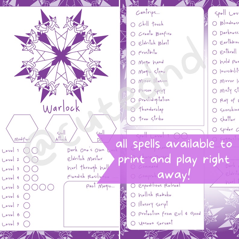 Warlock Spelltracker Set All Dnd 5e Warlock Spell Lists and Etsy
