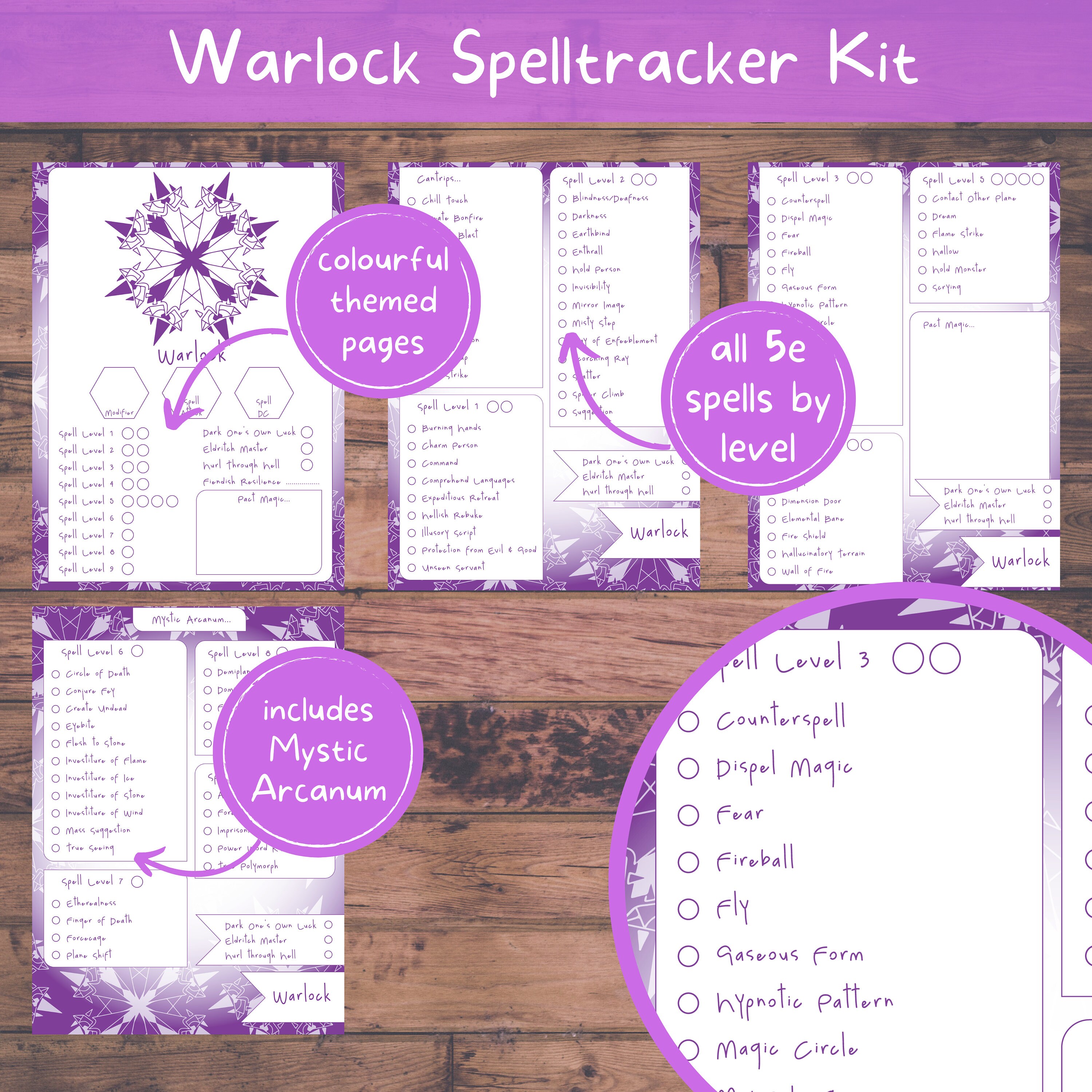 Warlock Spelltracker Set, All Dnd 5e Warlock Spell Lists and Printable Spell Tracker, Dungeons
