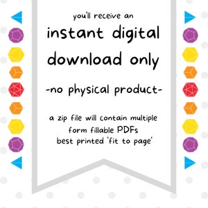 Op de afbeelding: Een witte banner met een regenboog van geometrische vormen aan de zijkanten. De banner luidt "you'll receive an instant digital download only -no physical product- a zip file will contain multiple form fillable PDFs best printed 'fit to page'".