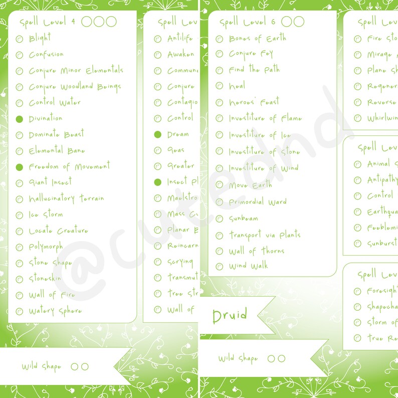 Druid Spelltracker DND Set, All D&amp;D 5e Druid Spell Lists Printable ...