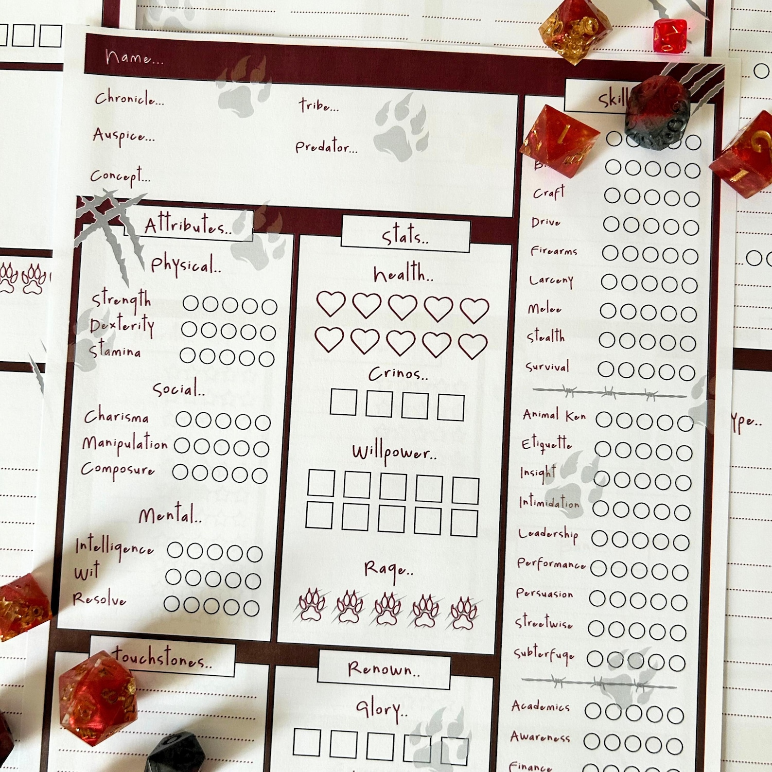 Werewolf the Apocalypse 5th Edition Character Sheets World of Darkness ...