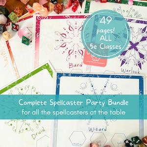 Complete DND Spelltracker Party Bundle, 49 pages for all 8 5e spellcaster class spells, printable Dungeons and Dragons bundle