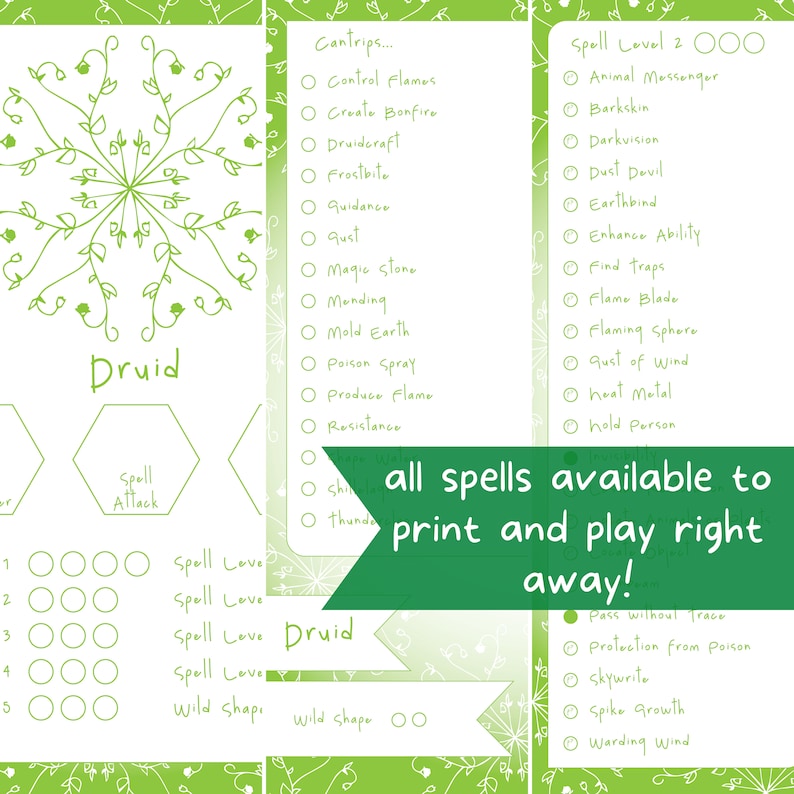 Druid Spelltracker DND Set, All D&D 5e Druid Spell Lists Printable Spell Tracker Dungeons and
