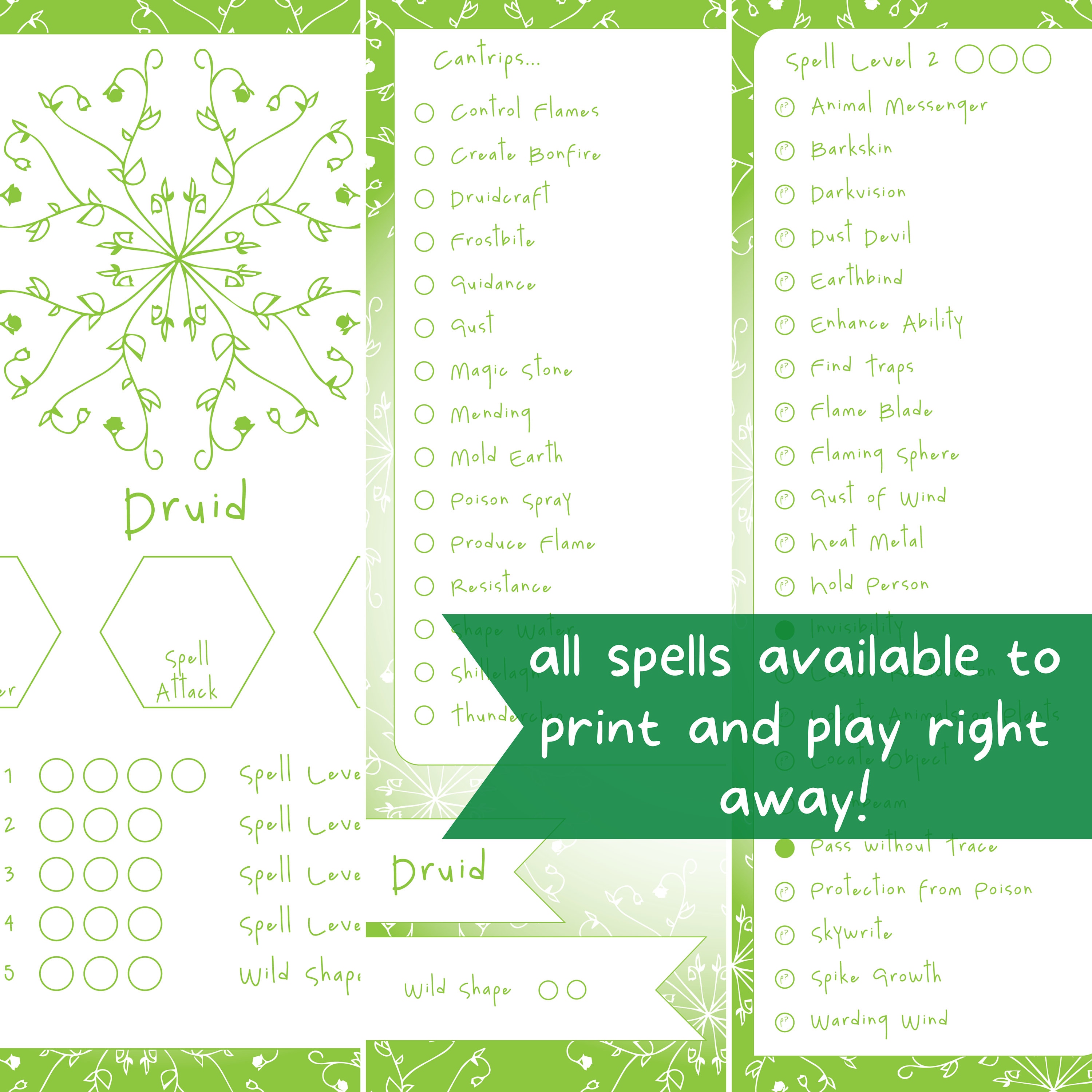 Druid Spelltracker DND Set, All D&D 5e Druid Spell Lists Printable Spell Tracker Dungeons and