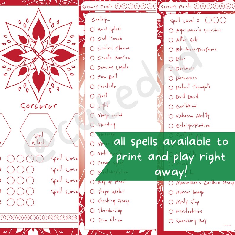 Dnd Sorcerer Spelltracker Set All D&D 5e Sorcerer Spell Lists Etsy