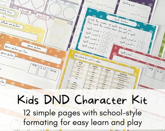 May include: A colorful printable kit for kids playing Dungeons and Dragons. The kit includes 12 pages with school-style formatting for easy learning and play. The text on the image reads "Kids DND Character Kit 12 simple pages with school-style formatting for easy learn and play."