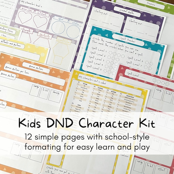 Kids DND Character Kit, child friendly dungeons and dragons character sheets set with easy & simple character design and school-style format