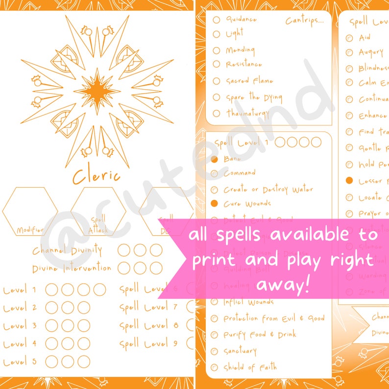 Cleric Spelltracker set, all dnd 5e Cleric spell lists and printable spell tracker, Dungeons and Dragons adventure stats set image 5