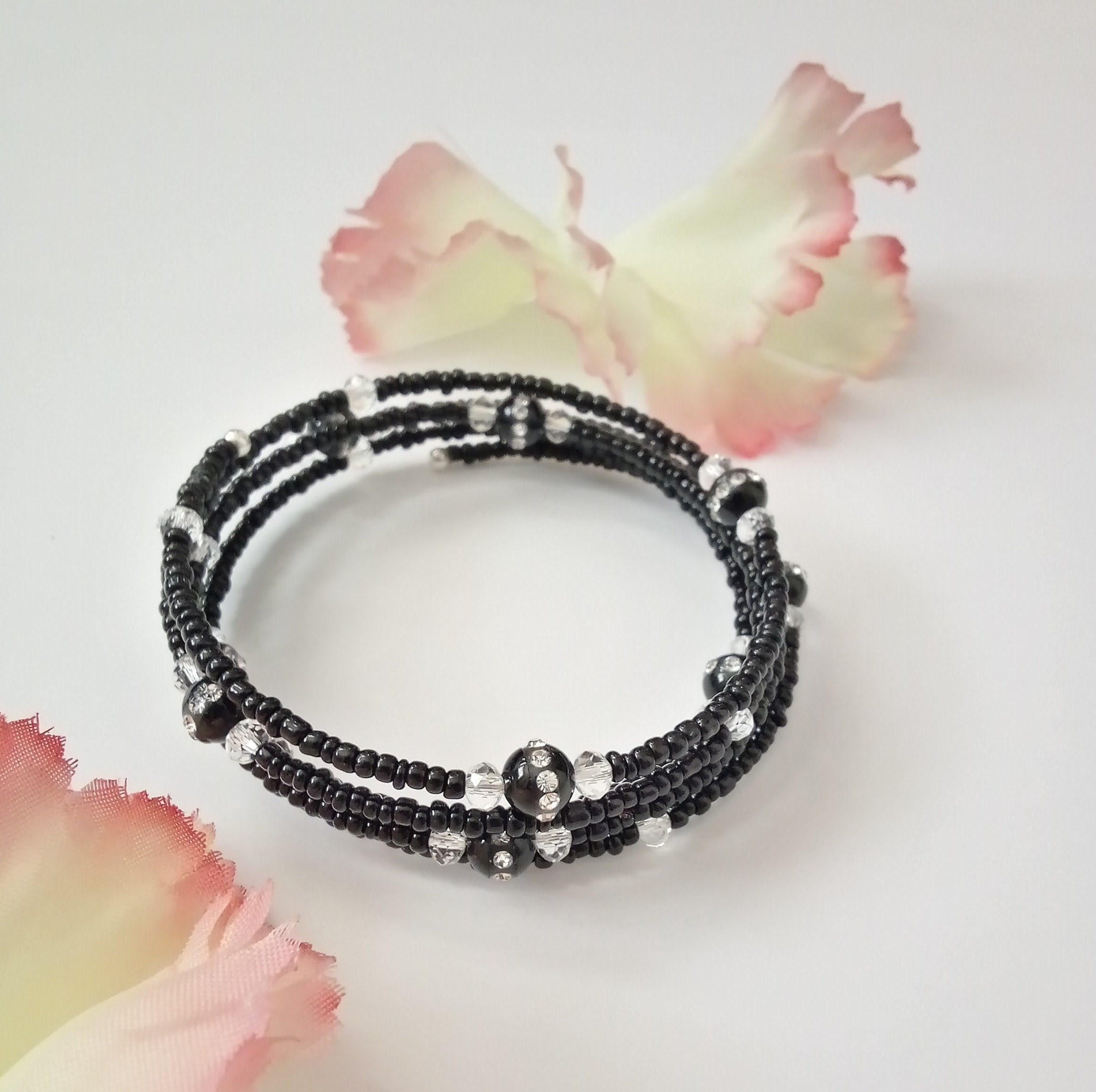 Memory Wire Crystal Glass Seed Bead Black Bracelet Onyx - Etsy