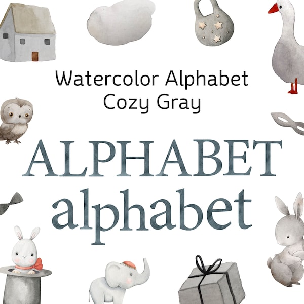 Cozy Gray watercolor alphabet Clip Art, Watercolor letters, Digital clipart, Letters numbers clip art, Alphabet PNG