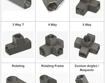 Könnte beinhalten: Ein Satz von neun verschiedenen Metallverbindern zum Bau von Strukturen. Die Verbinder sind aus grauem Metall und haben unterschiedliche Formen und Größen. Die Verbinder sind mit ihren Namen beschriftet: Union, Rahmen, 3-Wege-Ecke, 3-Wege-T, 4-Wege, 5-Wege, Drehbar, Drehrahmen und Benutzerdefinierte Winkel / Anfragen.