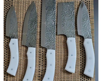 Damascus Kookcadeau 5-dlg Keuken Damascus gereedschap keukenset, gegraveerde messen| jubileumcadeau voor haar, Moederdagcadeau, Vaderdagcadeau