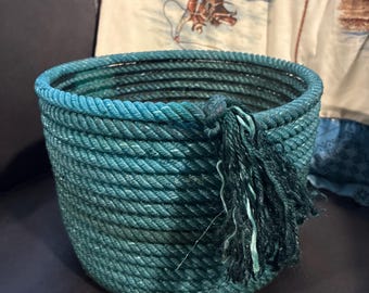 Hand-Wrapped Rope Vase: Repurposed Lariat Decor, Emerald Blue Home Accent
