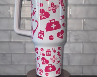 Nurse Tumbler: 40oz Quencher, Pink Medical Design, Appreciation Gift