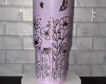 Flower and butterfly Engraved Tumbler, Ice Flow Tumblers, Tumblers with Handle, Kids School Tumblers, Sports Tumblers, Flip Top Tumblers