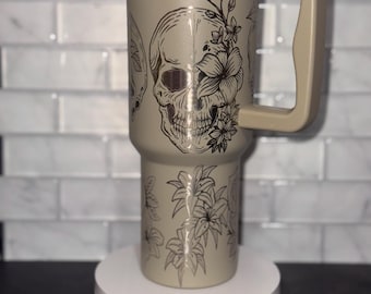 Skull and Roses Tumbler: Gothic Floral Laser Engraved 40oz Drinkware