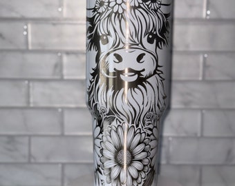 Beker van Highland Cow: zonnebloemdier 40oz, lasergravure, schattig boerderijdier