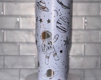 Space Theme Ice flow Tumbler, Engraved Tumbler, Kids Tumbler, Astronaut, Gift for kids, Galaxy Tumbler, 30oz Tumbler with Straw and Handle