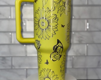 Sunflower and Butterfly 40oz Tumbler: Laser Engraved Design