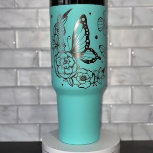 Butterfly and Roses 40oz tumbler with Straw and Lid, Insulated Engraved Tumbler, Mothers&#39;s Day Gift, Gift for her, Custom Tumbler