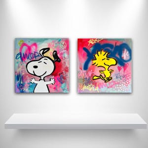 Conjunto de arte pop vibrante de Snoopy y Woodstock, estilo grafiti moderno, regalo único, arte de pared contemporáneo, arte callejero de neón colorido, decoración de pared con dibujos animados