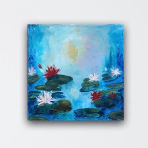 Lilien Teich Malerei Blau Wand Kunst Lotus Blumen Dekor für Schlafzimmer Bunte Wand Kunst Lilien Teich Blumen Kunst Blumen Wand Kunst Blau Dekor