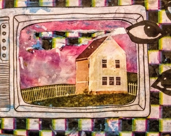 May include: A hand-drawn illustration of a vintage television set with a pink and purple sky, a white house with a fence, and a green lawn. The television screen is surrounded by a black and white checkered pattern with black eyes looking out.