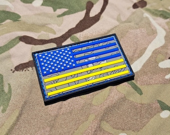 American US Union Flag Ukrainian Support Camo PVC Patch - Ukraine Stars Stripes Yellow Blue USA
