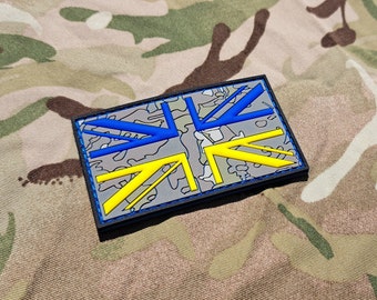 British UK Union Jack Flag Ukrainian Support Camo PVC Patch - Ukraine Yellow Blue Britain