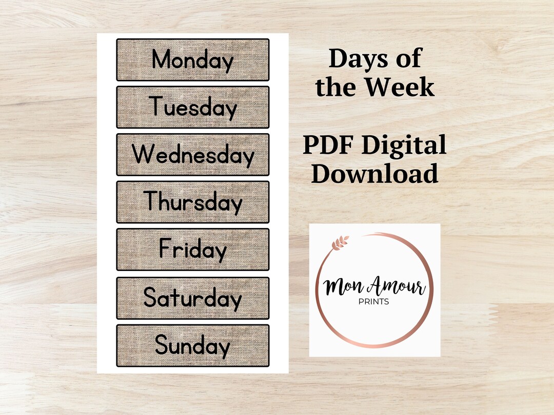 Days of the Week Display Hessian Flashcards KS1 & EYFS Etsy
