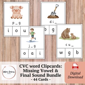 Puede incluir: Un conjunto de cuatro tarjetas educativas CVC con ilustraciones de un cerdo, una pala, una persona trotando y osos. Cada tarjeta incluye una palabra con una letra faltante y tres opciones. El texto dice CVC word Clipcards: Missing Vowel & Final Sound Bundle - 44 Cards - PDF Digital Download.