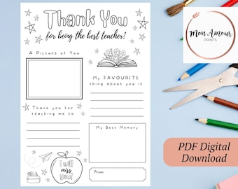 Thank you Teacher Colouring Page | Teacher Appreciation Letter | End of Year Teacher Gift | All About My Teacher |  DIGITAL DOWNLOAD