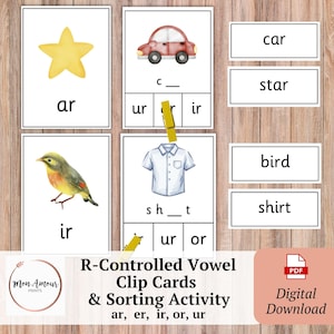 May include: Educational flashcards with watercolor illustrations of a star, car, bird, and shirt. The cards are part of an R-controlled vowel clip card and sorting activity. The text on the cards includes "ar", "ir", "ur", and the words "car", "star", "bird", and "shirt".