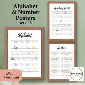 Pósteres de alfabetos y números / Recursos para la educación en el hogar / Cuadro de escritura a mano / Aprenda a contar / Cuadros de referencia de matemáticas / Póster del alfabeto / DESCARGA DIGITAL