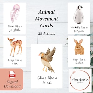 Tarjetas de movimiento animal / Tarjetas didácticas de fitness / Acciones de animales / Descanso cerebral / Bienestar de los niños / Juego de educación física / Rincón tranquilo / Descarga digital