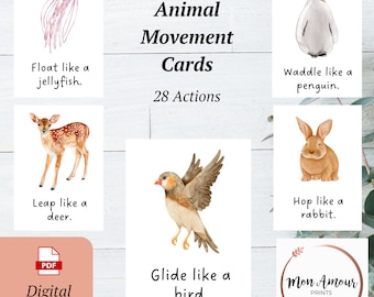 Animal Movement Cards | Fitness Flashcards | Animal Actions | Brain Break | Kids Well-Being | PE Game | Calm Corner | Digital Download