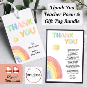 Pacchetto di poesie di ringraziamento per l'insegnante e tag regalo modificabili / Regalo di apprezzamento per l'insegnante / Stampabile di fine anno per l'insegnante / DOWNLOAD DIGITALE