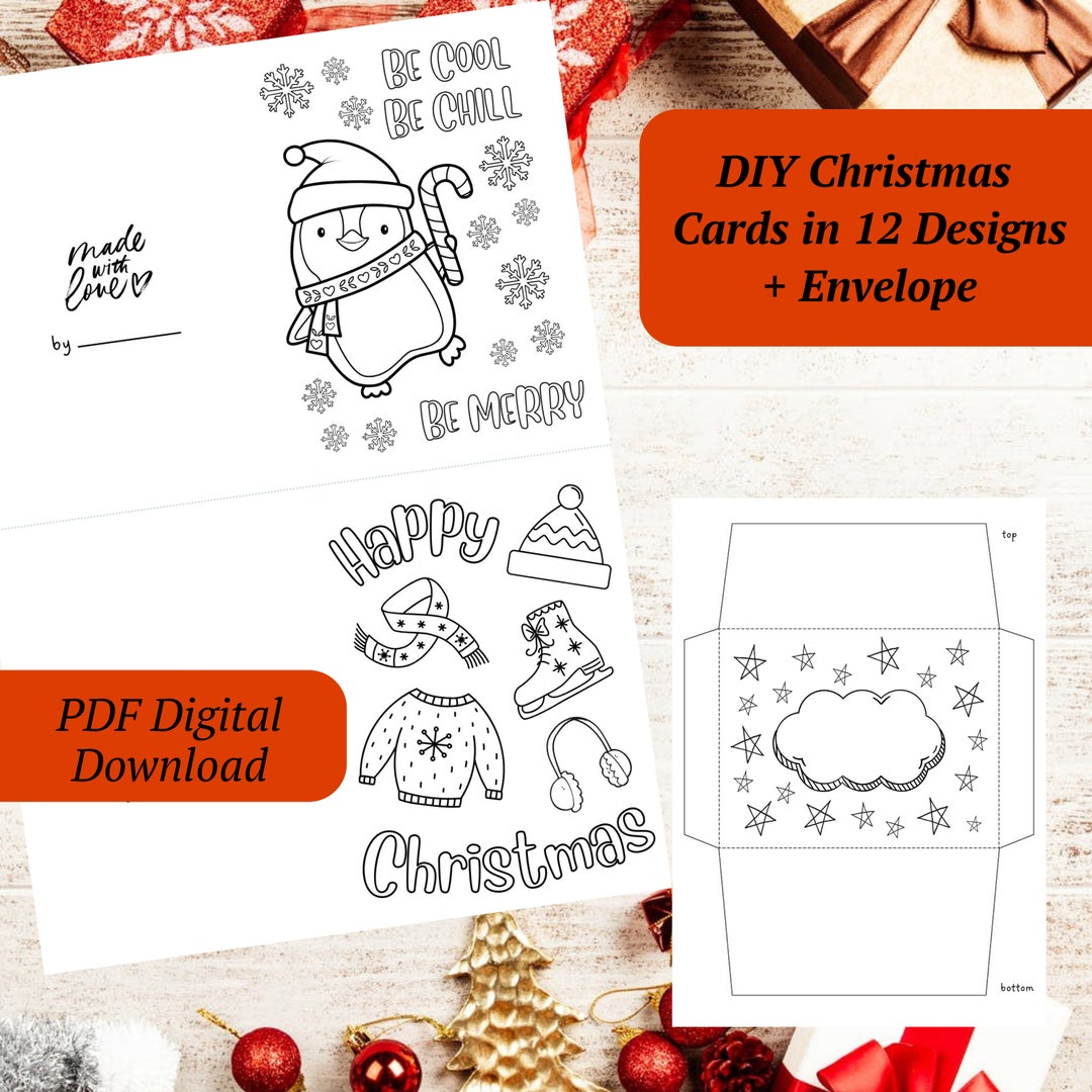 Printable Kids Christmas Cards DIY Greeting Cards Colouring Xmas Cards 