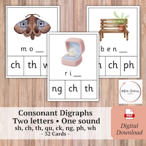 May include: Educational flashcards with watercolor illustrations of a moth, a ring in a box, and a bench with a plant. The cards are designed to teach consonant digraphs. The text on the cards includes "mo", "ri", and "ben".