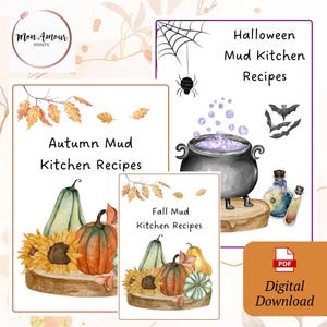 Può includere: Tre schede di ricette stampabili con illustrazioni ad acquerello sui temi dell'autunno e di Halloween. Le schede sono intitolate "Ricette per la cucina di fango autunnale", "Ricette per la cucina di fango autunnale" e "Ricette per la cucina di fango di Halloween".
