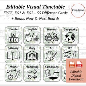 Calendrier botanique visuel modifiable pour la petite enfance, KS1, KS2 | Cartes du programme scolaire | Horaire quotidien | Cartes Now & Next | TÉLÉCHARGEMENT NUMÉRIQUE