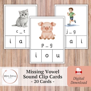 Puede incluir: Tarjetas didácticas para niños con ilustraciones de un gato, un cerdo y una persona corriendo. Las tarjetas están diseñadas para enseñar los sonidos vocálicos que faltan. El texto de las tarjetas dice "c_t", "p_g" y "j_g". Las tarjetas están etiquetadas como "Missing Vowel Sound Clip Cards - 20 Cards - Digital Download".
