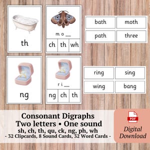 May include: Educational phonics flashcards featuring illustrations of a bathtub, moth, and rings in boxes. The cards display consonant digraphs like th and ng, with fill-in-the-blank exercises and word lists including bath, moth, path, three, ring, sing, wing, and bang.