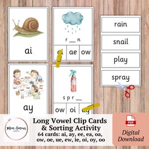May include: Educational long vowel clip cards and sorting activity featuring illustrations of a snail, a rain cloud, children painting, and a spray bottle. The cards include text prompts like 'r_n' and 'spr_' with multiple choice options and yellow clips.